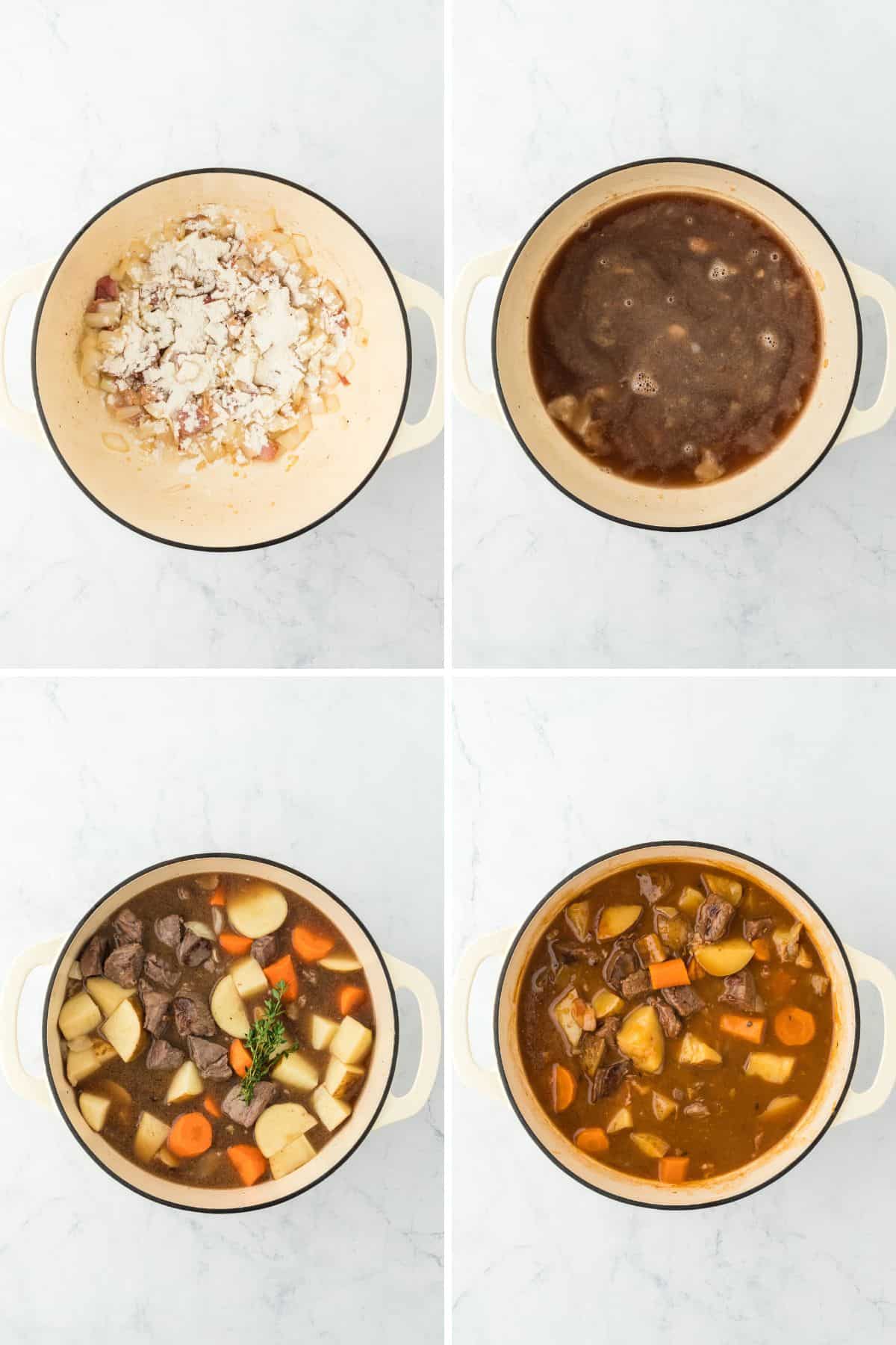 A collage of flour and liquids being added to a simple beef stew recipe then thickened over the stove