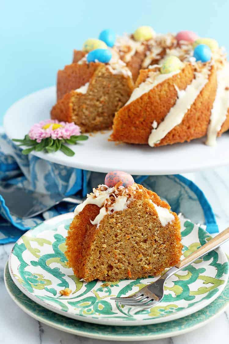 A slice of this easy Easter cake cut out of the pound cake sitting on a plate with a fork