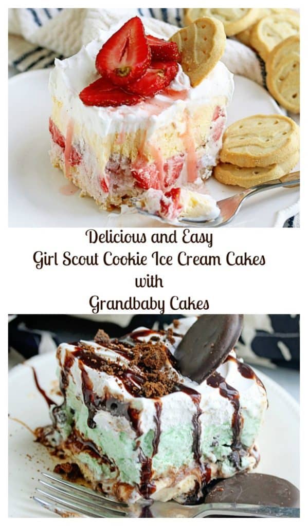 Two Girl Scout Cookie Ice Cream Cakes. The top cake is strawberry flavored and uses trefoil cookies and the bottom cake is mint flavored