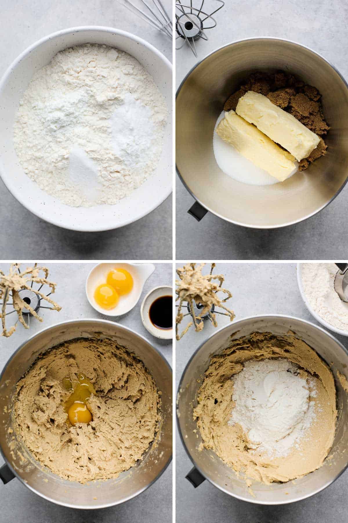 Mixing the flour and dry ingredients, creaming the butter and sugar, adding the egg, and finally the flour is added to the bowl.