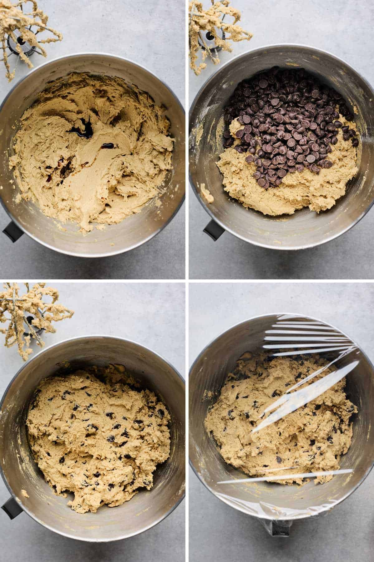 Mixing the chocolate chip cookie dough and adding the chips before covering it with plastic to chill.