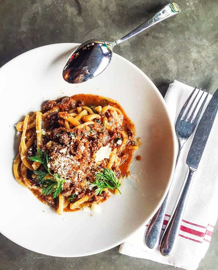 Overhead shot of a wonderful pasta dish at Bestia restaurant in L.A.