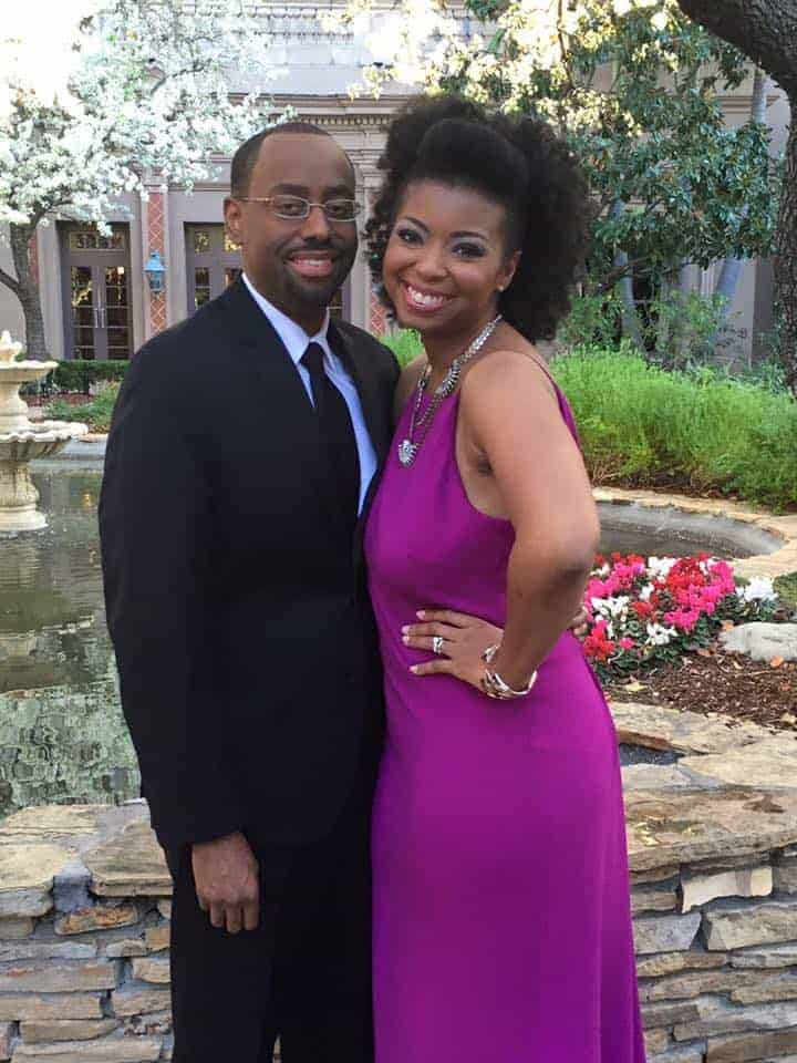 Jocelyn Delk Adams poses for a photo with her husband at the hotel before the awards show