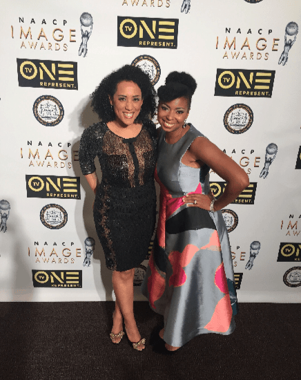 Jocelyn Delk Adams poses for a photo with Caroline Randall on the red carpet