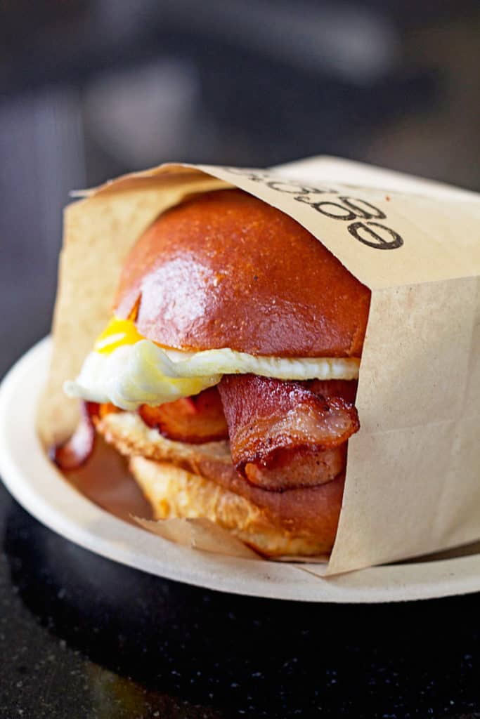 A breakfast sandwich still in its wrapper from Eggslut in L.A.