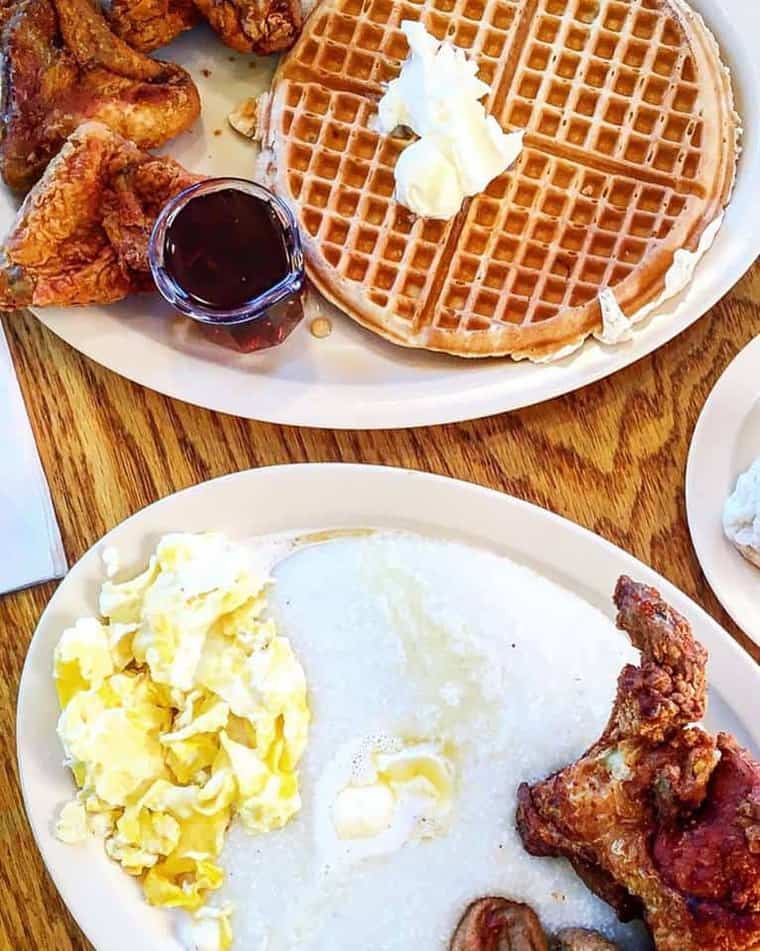 Overhead shot of food from Roscoe's Chicken and Waffles, which is one of the best restaurants in Los Angeles