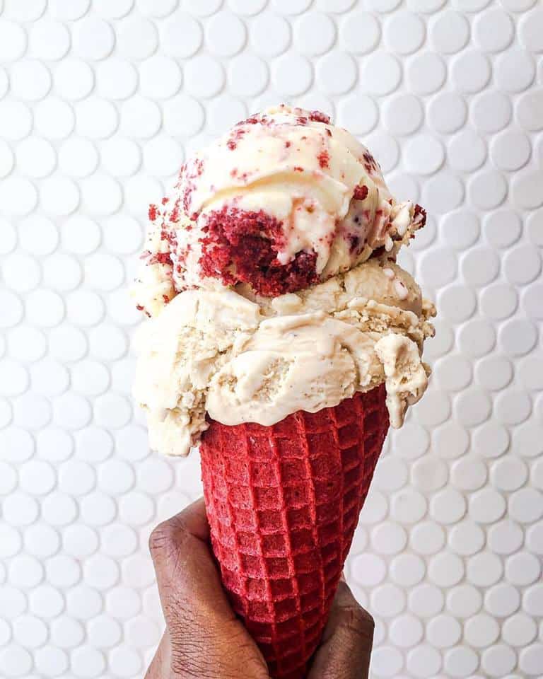 Mouthwatering ice cream cone with two scoops of ice cream from Sprinkles in L.A.