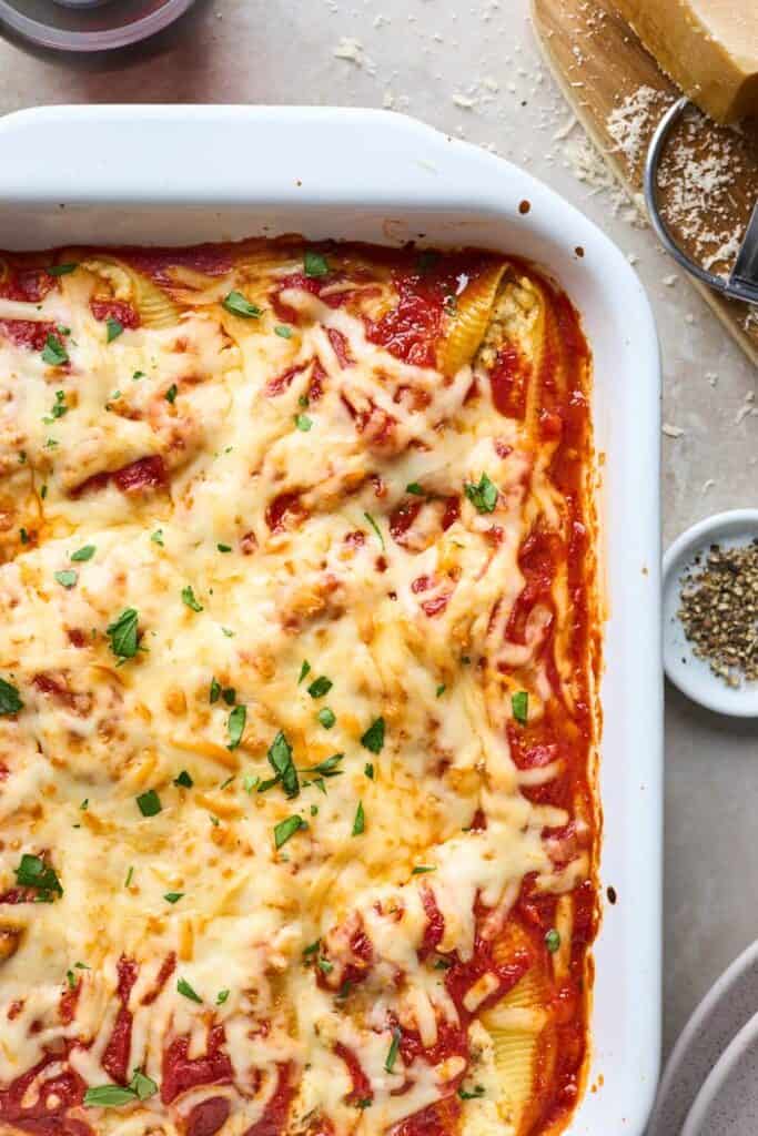 A full stuffed shells recipe in a casserole dish after baking