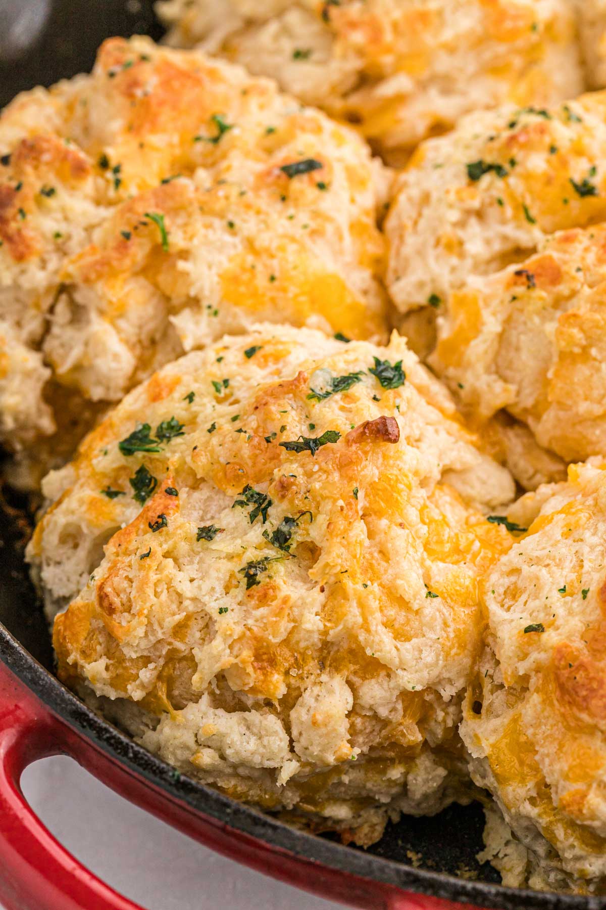 A pan of cheddar biscuits baked and ready to enjoy.