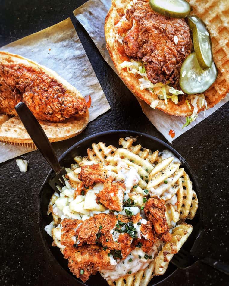 Overhead shot of chicken dishes at Bruxie on the Las Vegas strip