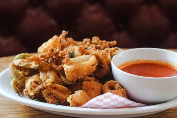 Fried calamarai with sauce at Buddy V's - What to do in Las Vegas