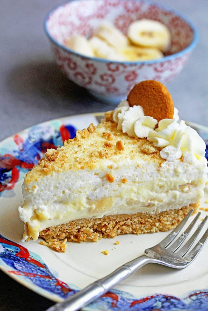 A slice of a banana cheesecake recipe on a blue and red plate garnished with wafers and whipped cream with banana slices