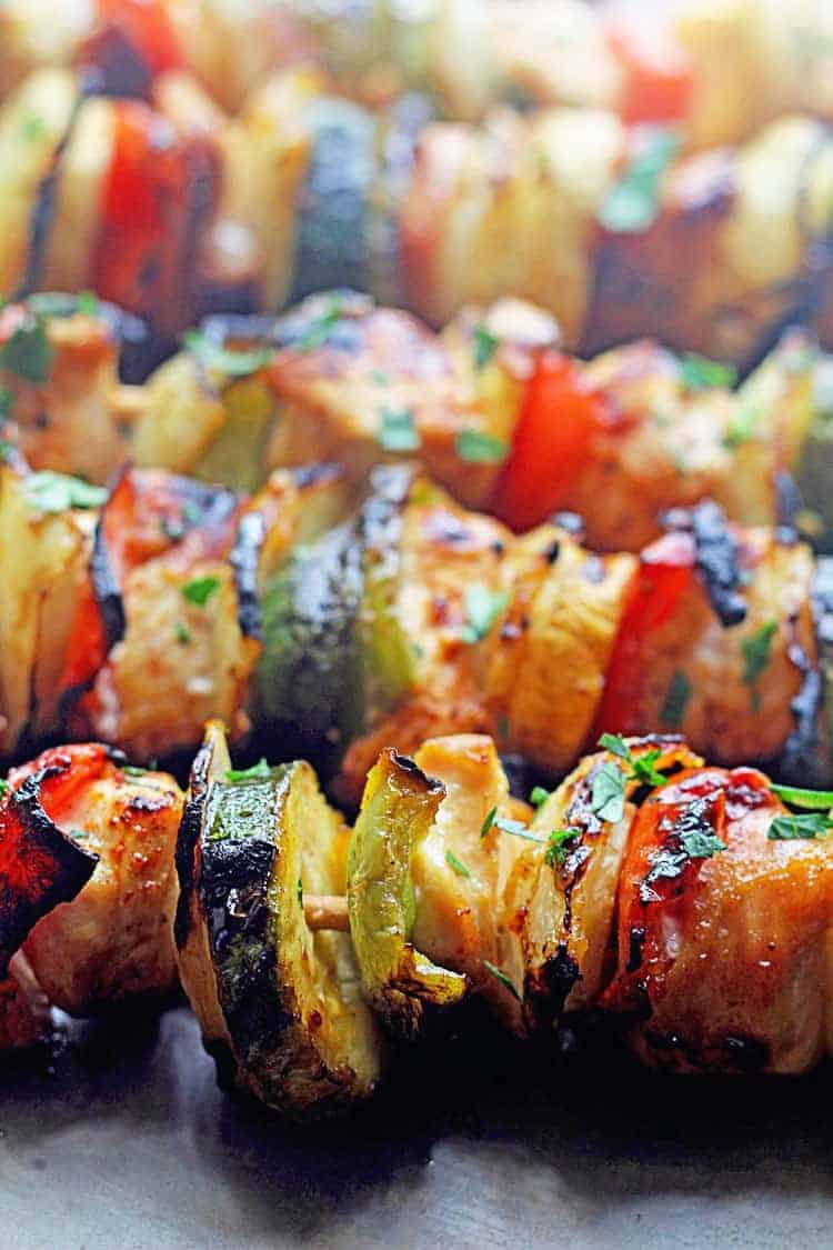 Close up of these succulent grilled chicken kabobs with apricot glaze.