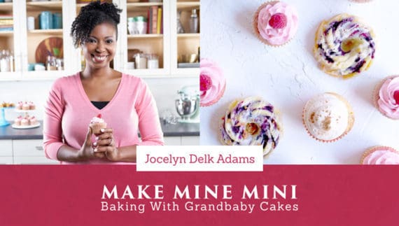 Marble Cakelettes and Craftsy Class graphic with a photo of Jocelyn Delk Adams on the left holding a cupcake and an overhead shot of pastries on the right