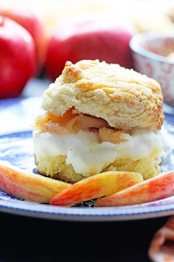 Close up of a Brown Sugar Biscuit Apple Shortcake on a blue and white plate with apple slices and whole apples in the background