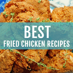 A pile of fried chicken with the words, "Best Fried Chicken Recipes" on a blue graphic and in white letters