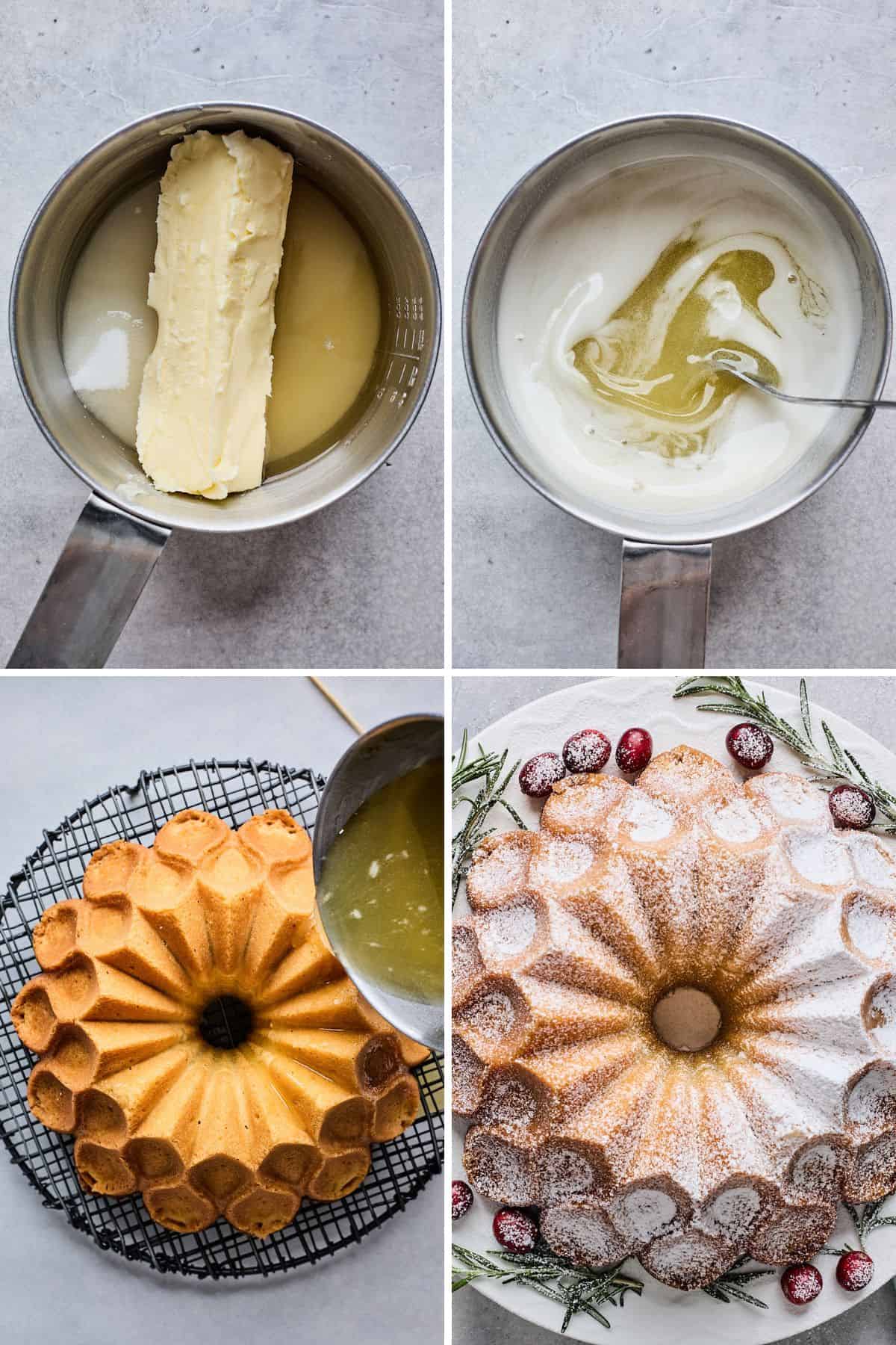 A collage of images showing making the buttered rum sauce and then adding it to the cake and decorating it after it's finished.