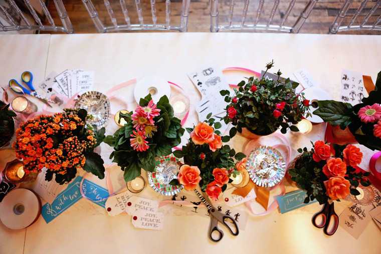 Overhead shot of arrangements of flowers