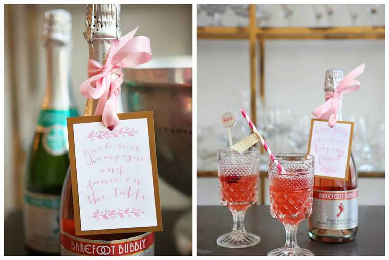 A bottle of Barefoot wine on the left and bubbly cocktails next to a bottle of barefoot wine on the right