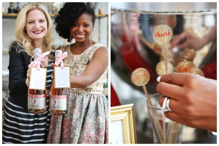 Jocelyn Delk Adams and Kit holding bottles of Barefoot wine on the left and Jocelyn holding a cheers sign on the right