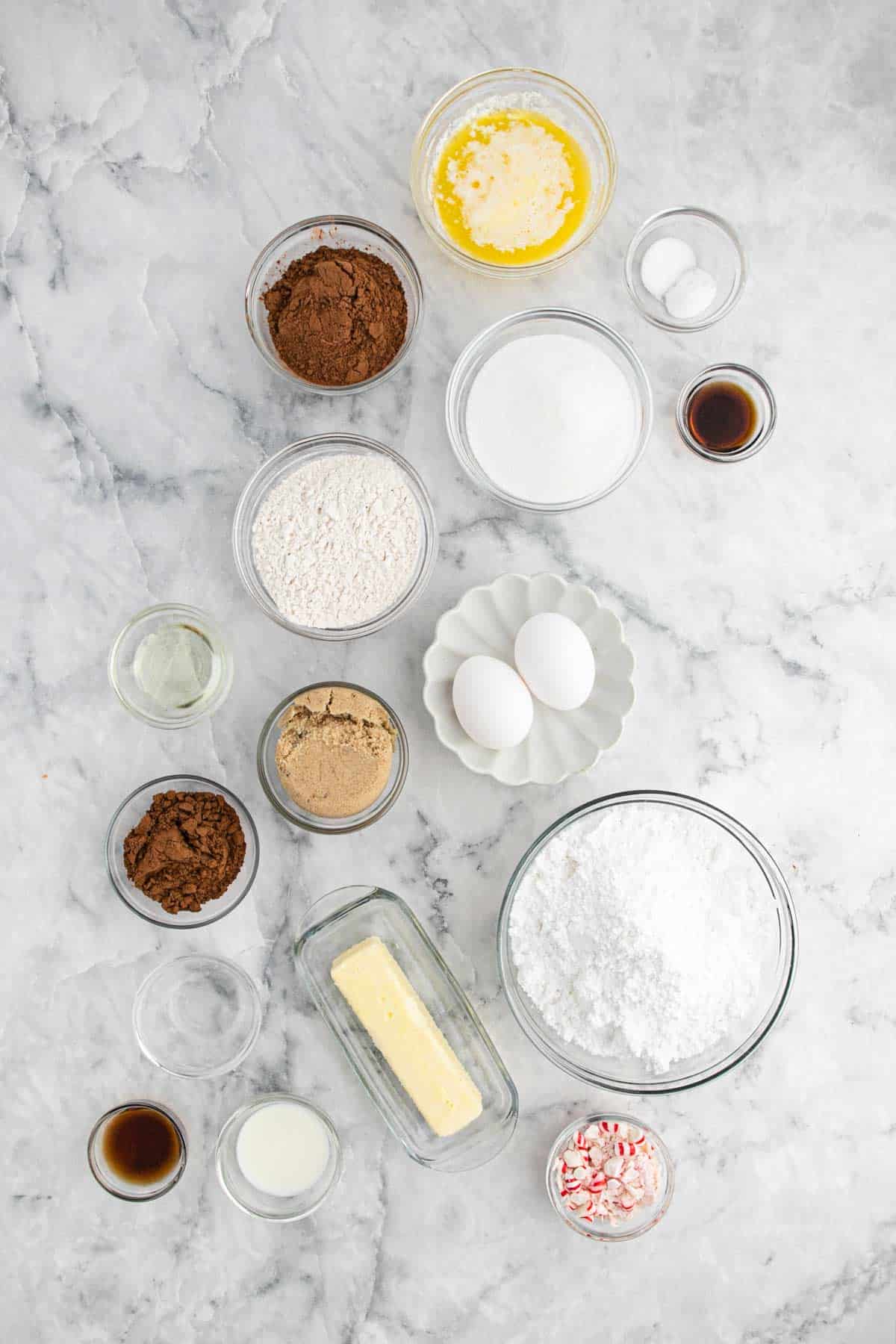 Ingredients to make peppermint brownies on the table in bowls.