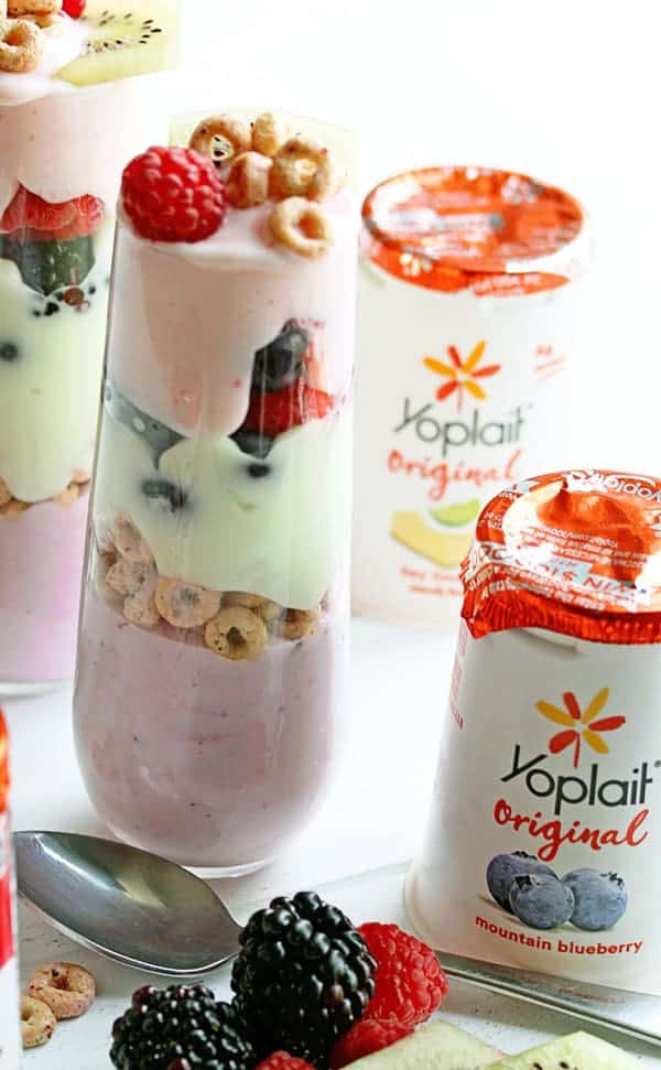Easy Cereal Parfaits next to Yoplait yogurt packs. 