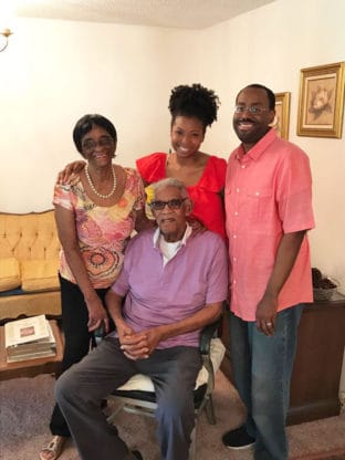 Jocelyn Delk Adams in a photo with her grandparents and husband