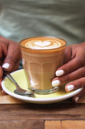 Close up of a coffee drink at HolyBelly in Paris, France