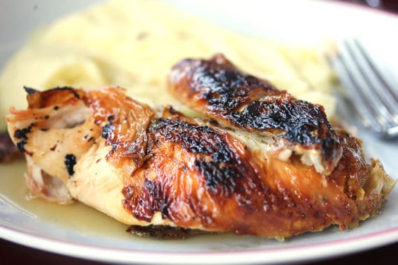 Roast chicken and mashed potatoes at La Rotisserie in Paris, France