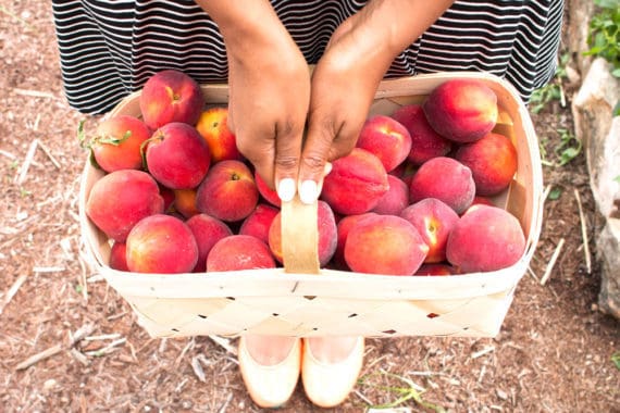 Jocelyn Delk Adams holding a basket full of Georgia peaches
