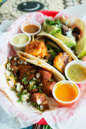 Shrimp tacos with four different salsas from Tacodeli