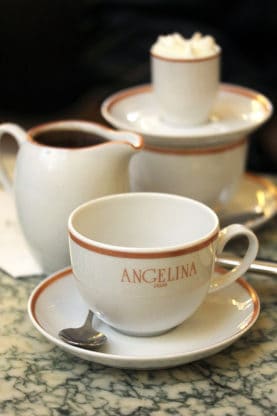 Coffee cups and mugs for the creamiest and most delicious hot chocolate at Angelina's in Paris