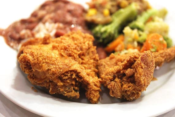 Fried chicken, red beans and rice and veggies at Dooky Chase in NOLA