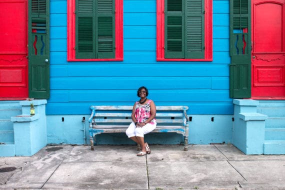 Jocelyn's aunt sitting on a bench at Bywater