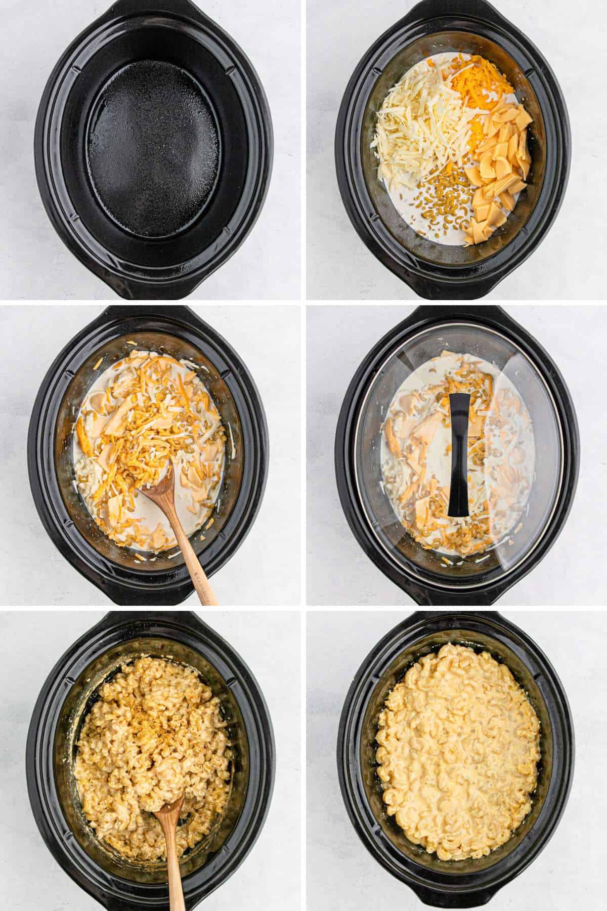 A collage showing the different steps for making macaroni and cheese in the crockpot.