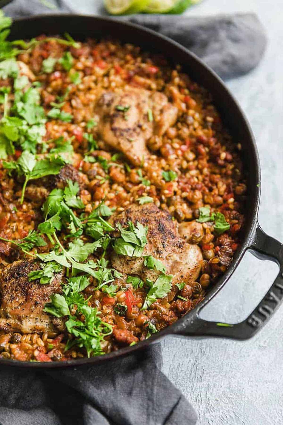 A close up of rice and chicken casserole in a dutch oven.