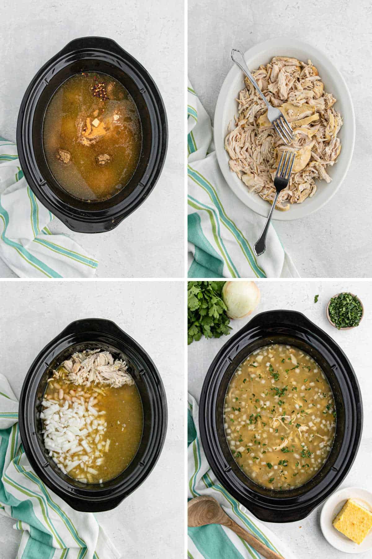 Collage showing cooking the chicken white chili in the slow cooker.