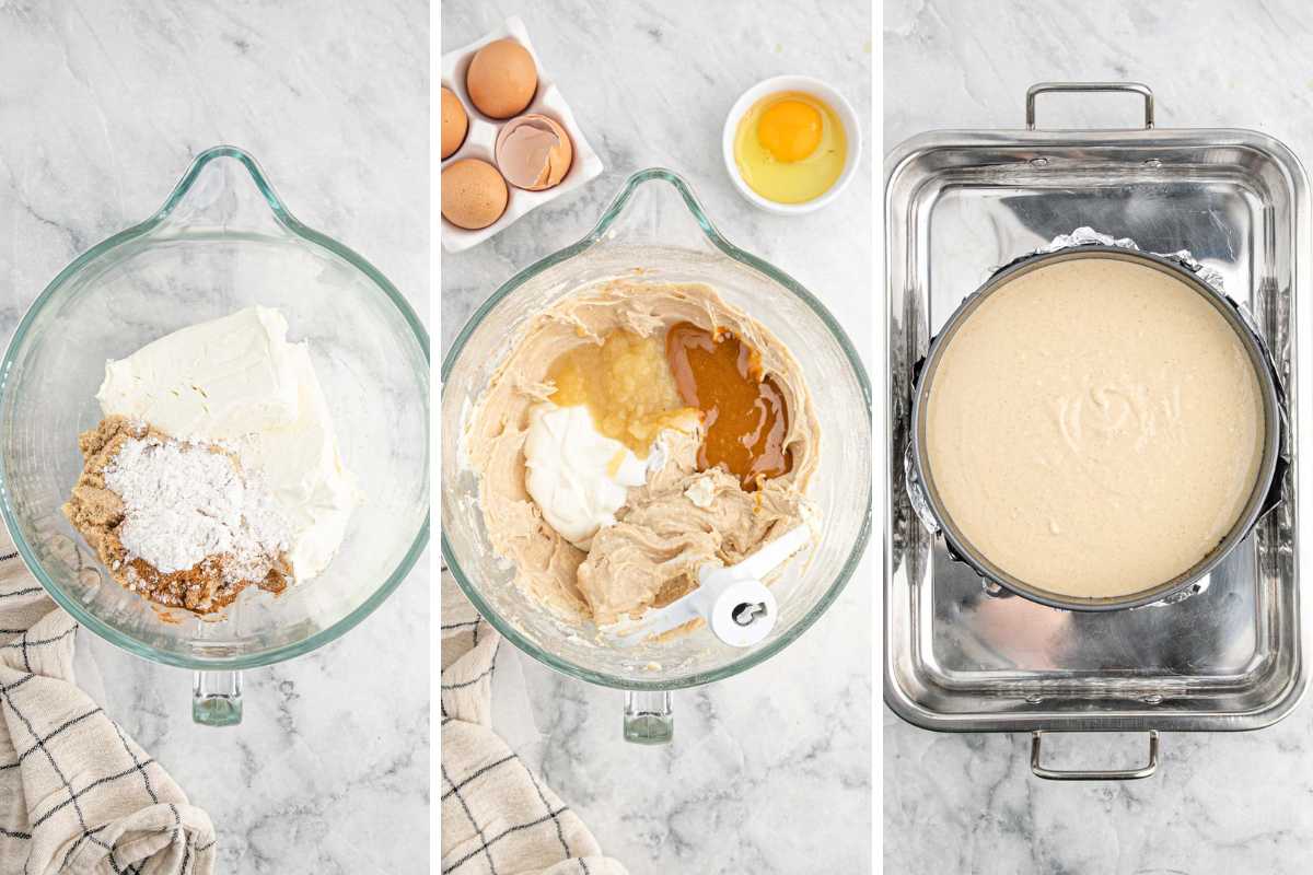 A collage showing the steps for mixing up the cheesecake and then poured into a pan.