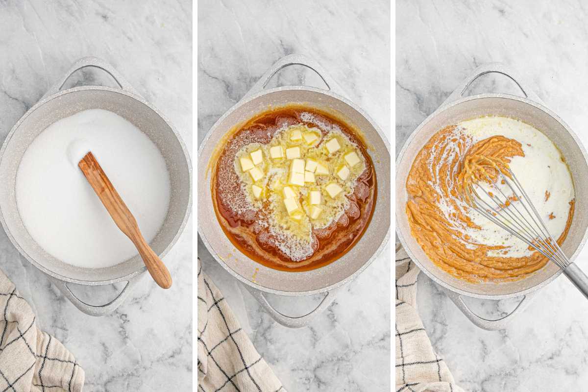 Collage of image showing the sugar in a pot to make caramel sauce and then after melted adding the butter.