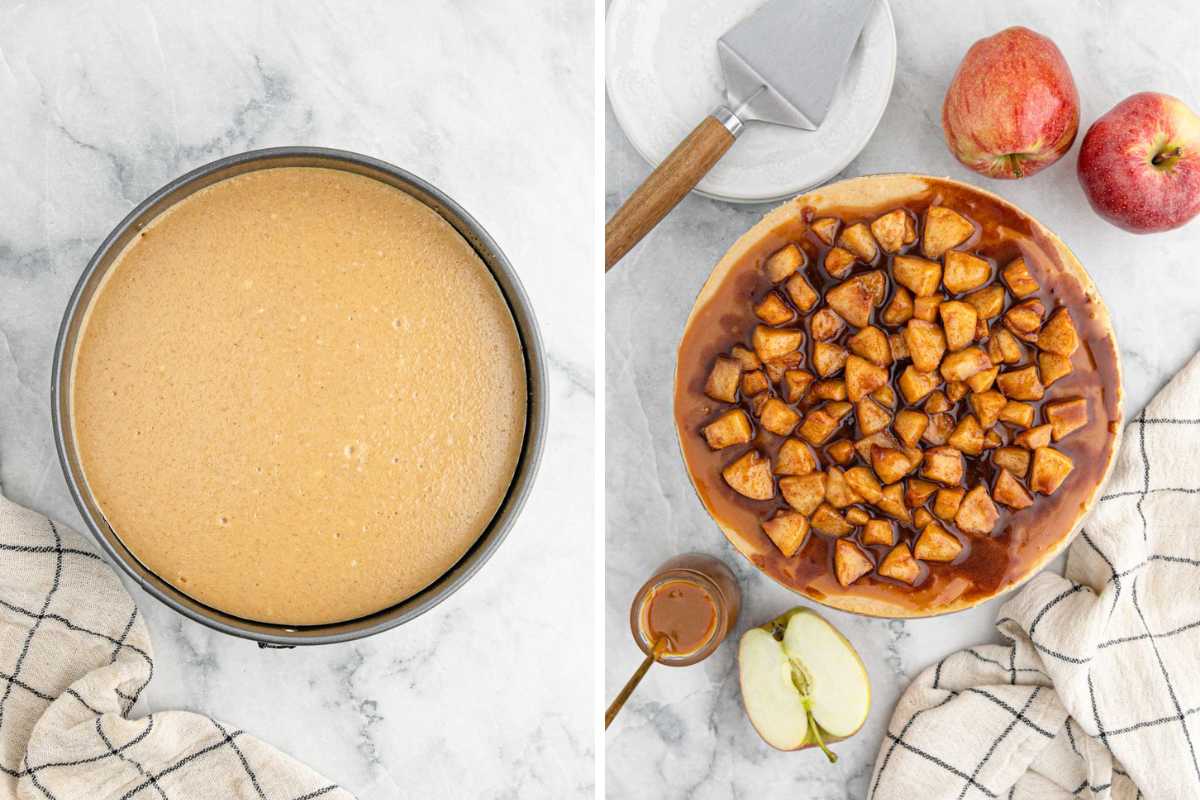 A cooked cheesecake on the left and then topped with apple caramel topping.