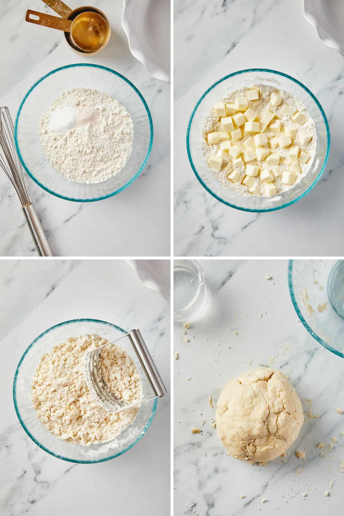 A collage of images showing mixing up the pie dough to make a flaky pie crust.
