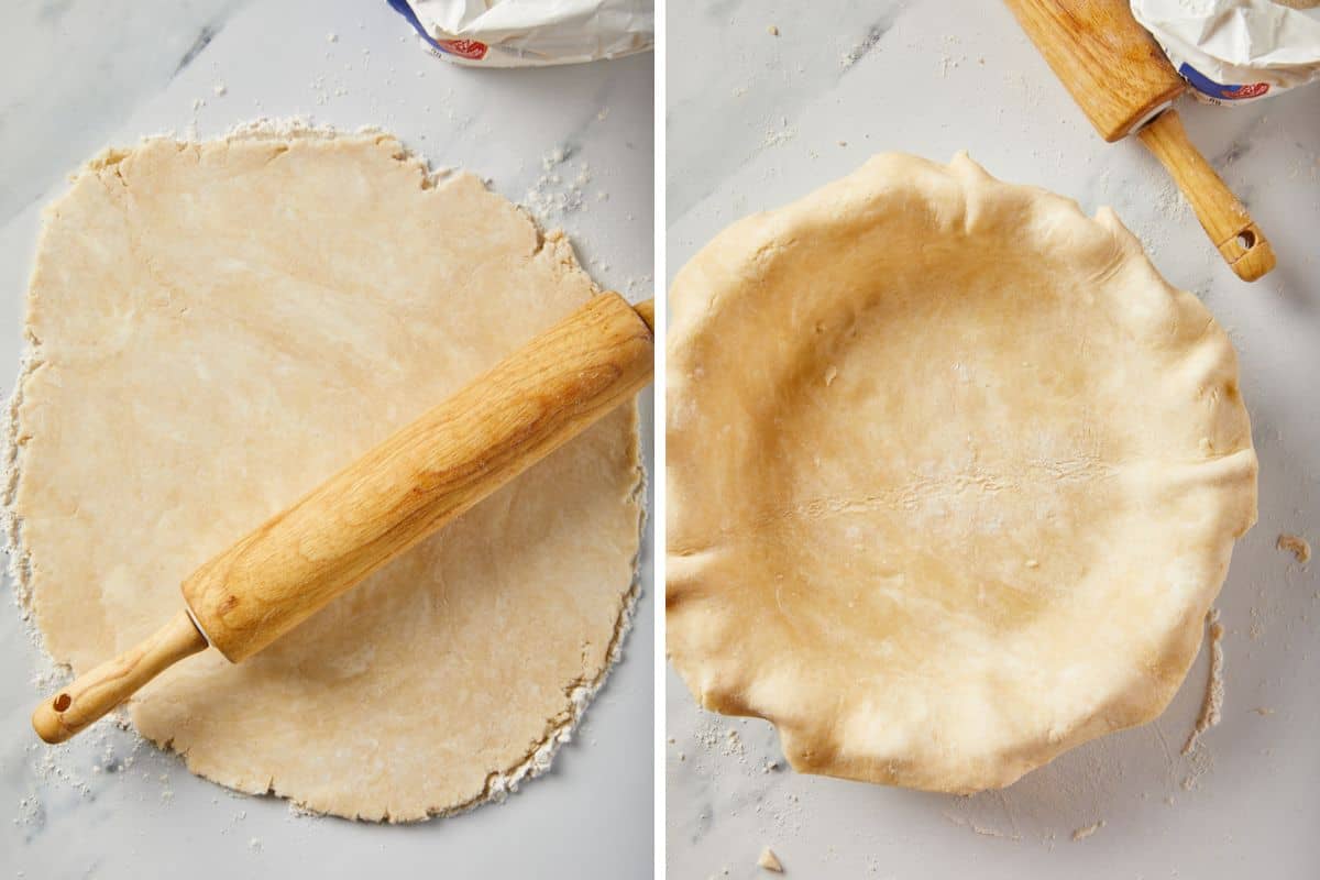 A collage showing rolling out the pie dough and placing it in a pie dish.