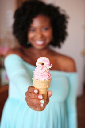 Jocelyn holding a dessert from the shower