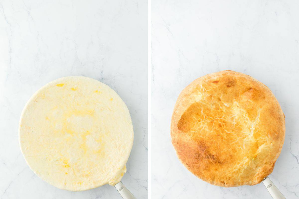 a collage of chicken pot pie with puff pastry before and after it is baked