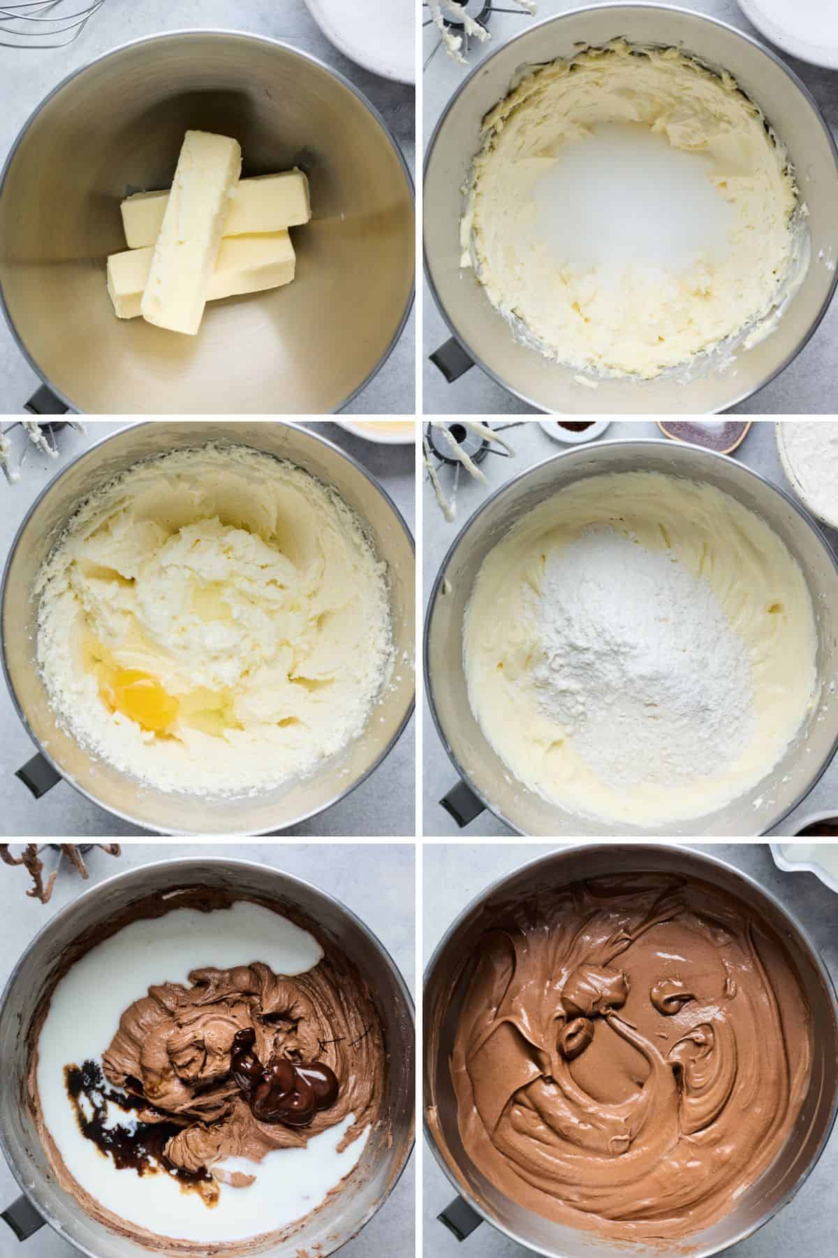 A collage of images showing the steps for mixing the cake batter. 