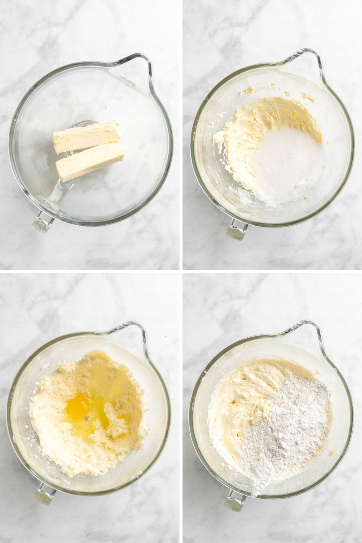 A collage showing first steps in mixing up a cranberry orange cake.