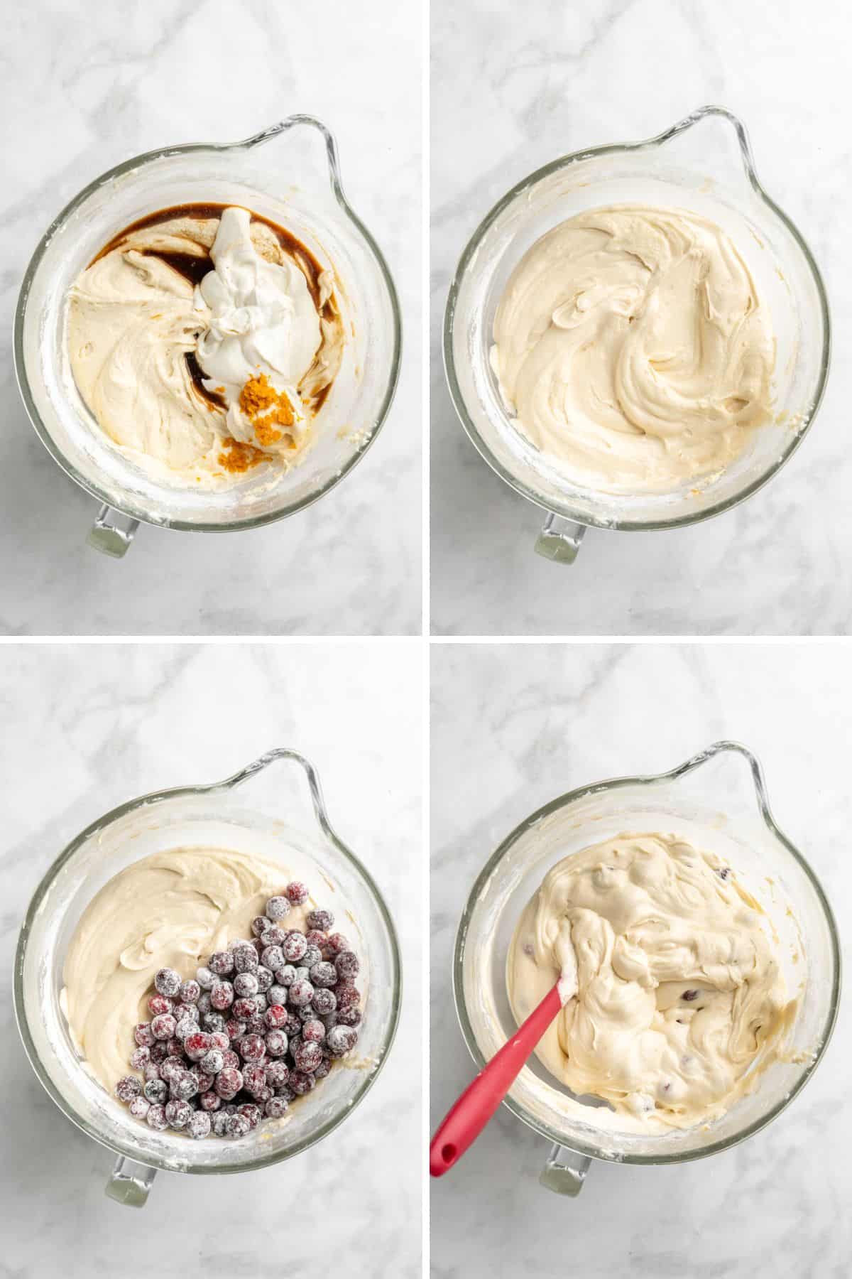 A collage showing mixing the cake batter for a cranberry and orange cake.