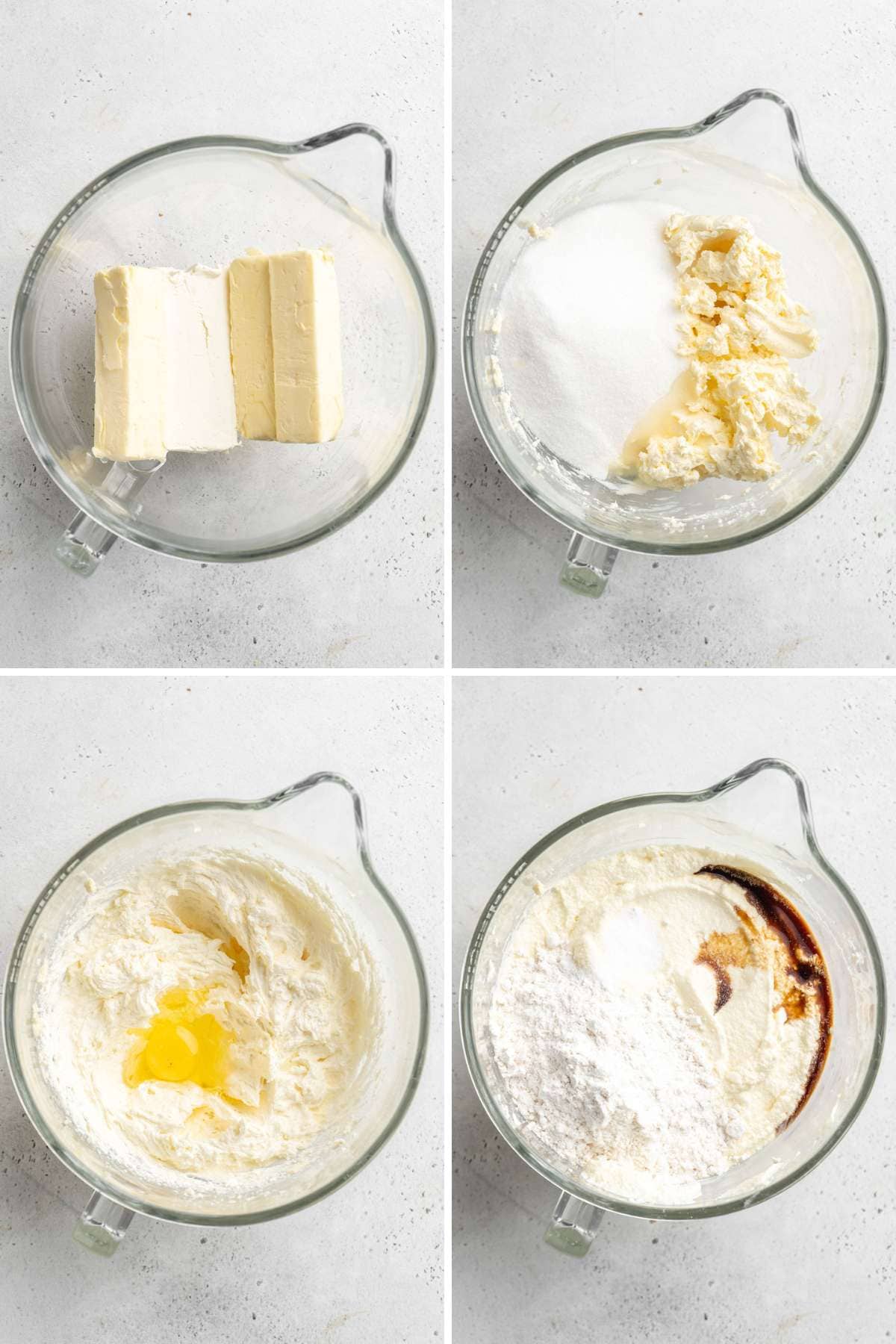 A collage with butter and cream cheese in bowl, sugar added, an egg added, and then the vanilla added to the bowl.