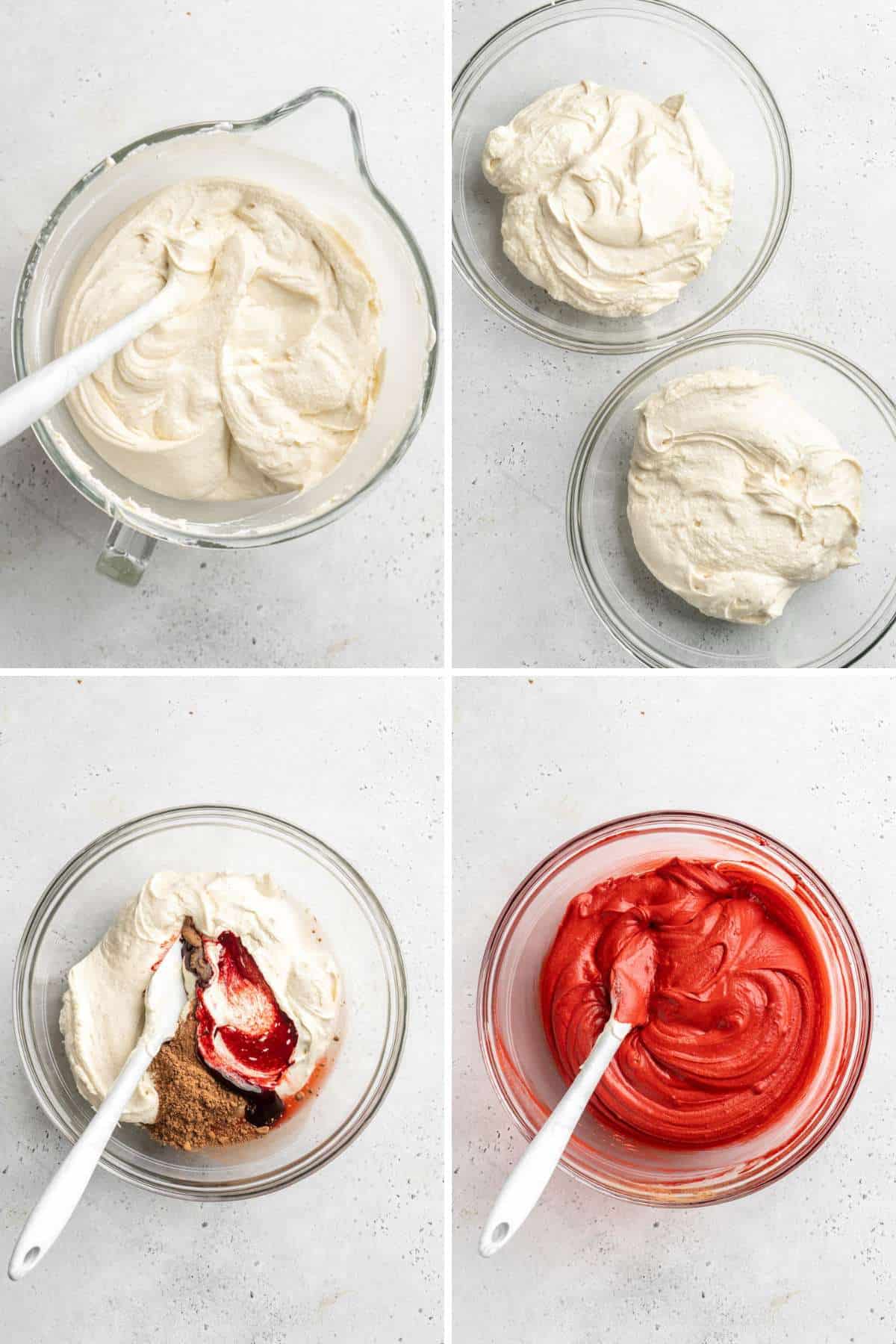 A collage of cake batter, then split in two, adding the coloring, and the red batter when it's mixed.