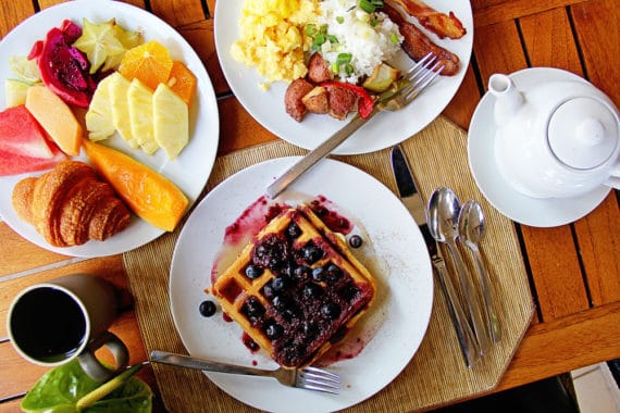 Overhead shot of items featured at the buffet at the Four Seasons Resort in Wailea